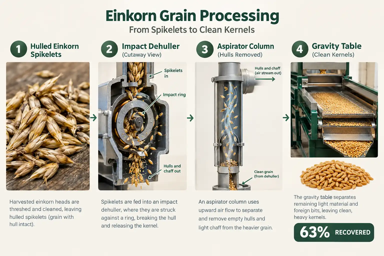 Dehulling einkorn takes a dehuller, an aspirator to blow off hulls, and a separator, and it typically returns about 63 percent of hulled grain weight.