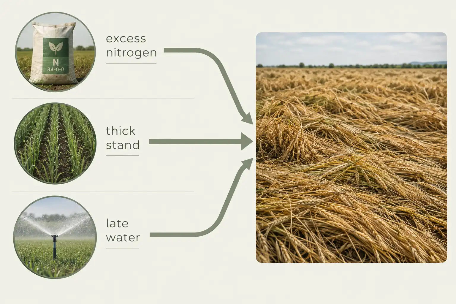 Einkorn lodges when high nitrogen, a thick stand, and late season irrigation stack together, so cutting any one of the three protects standing straw.