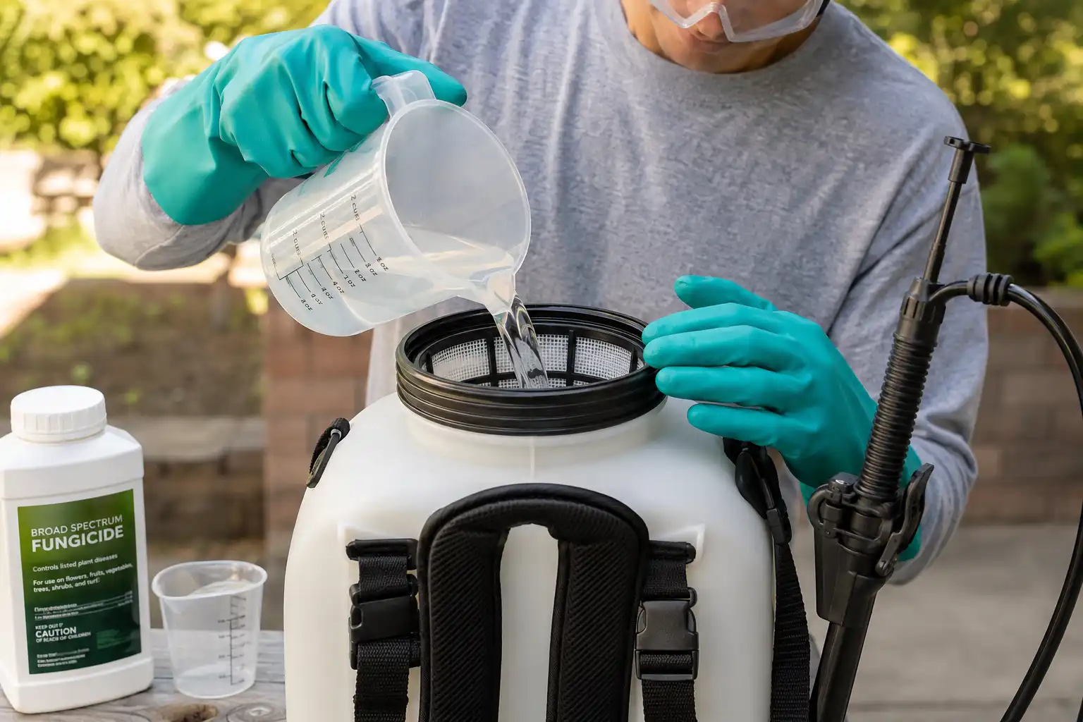 Safe filling means mixing at the label rate and pouring through the strainer basket while wearing gloves and eye protection, since most pesticide exposure happens through skin.