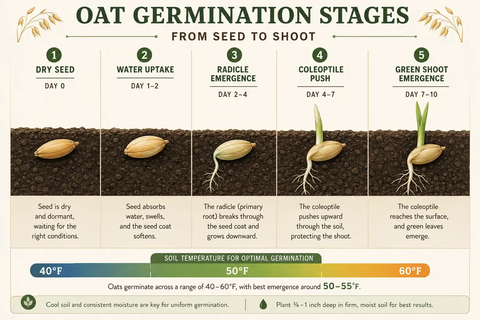 An oat seed moves from water uptake to radicle, then coleoptile, then green shoot, with warmer soil shortening each stage