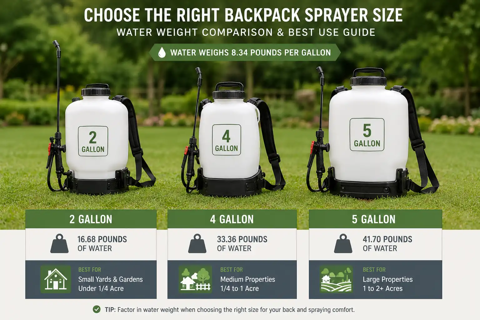 A 4 gallon tank suits most homeowners because it balances refills against carry weight, since four gallons of water adds about 33 pounds before the sprayer weight.