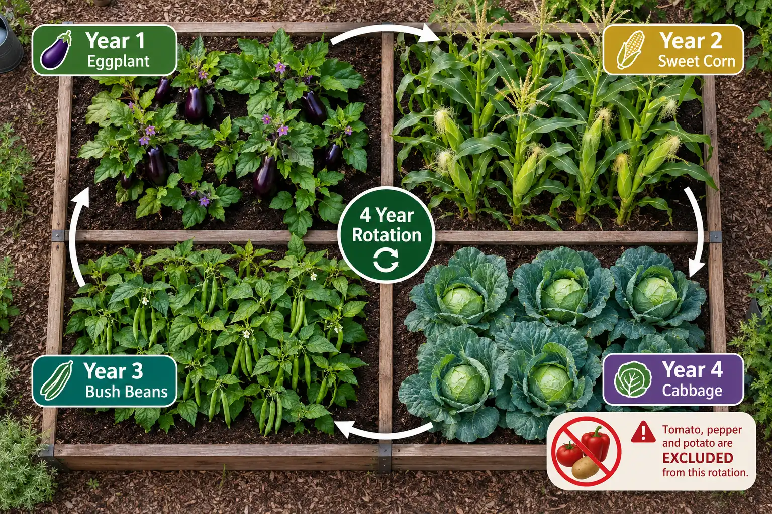 Eggplant should wait three or more years before returning to the same bed, rotating through corn, beans, and cabbage in between.