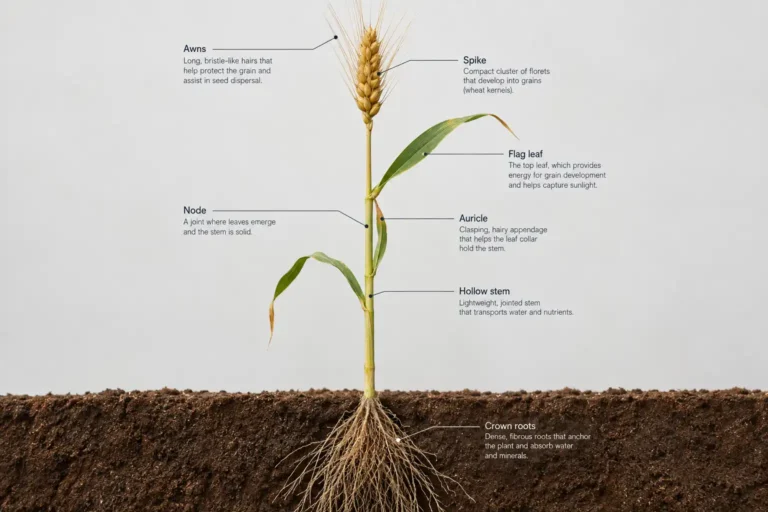 A wheat plant is an upright grass with hollow jointed stems, narrow blue green blades, clasping hairy auricles, and a tight golden spike at the top.