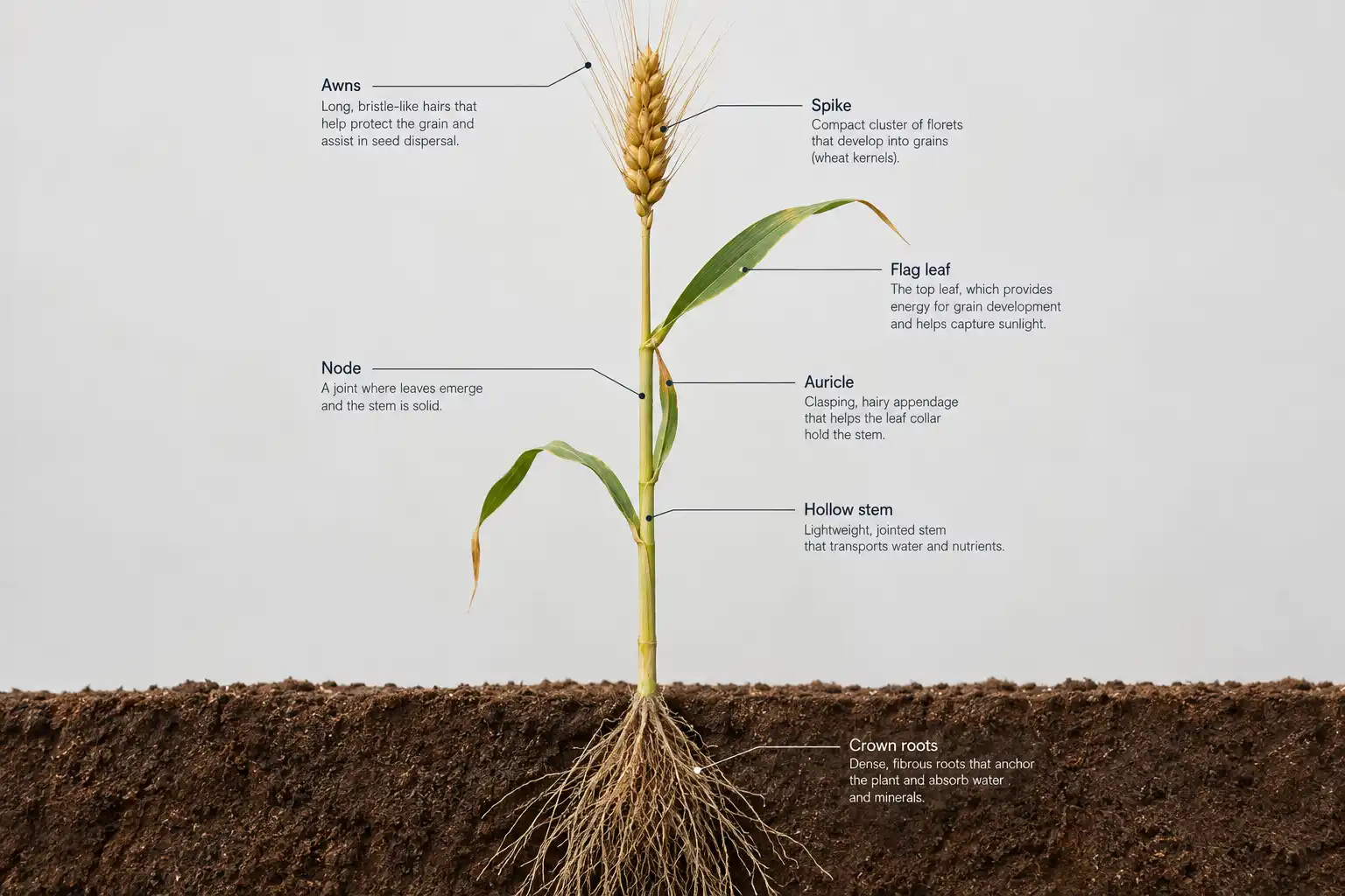 A wheat plant is an upright grass with hollow jointed stems, narrow blue green blades, clasping hairy auricles, and a tight golden spike at the top.