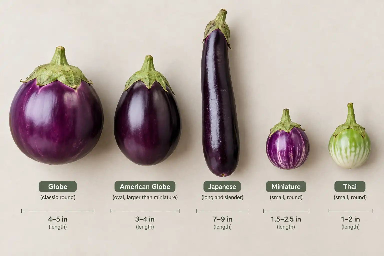 Globe eggplant fruit reaches six to nine inches, Japanese types run eight to ten inches, and miniature types stay two to four inches long.