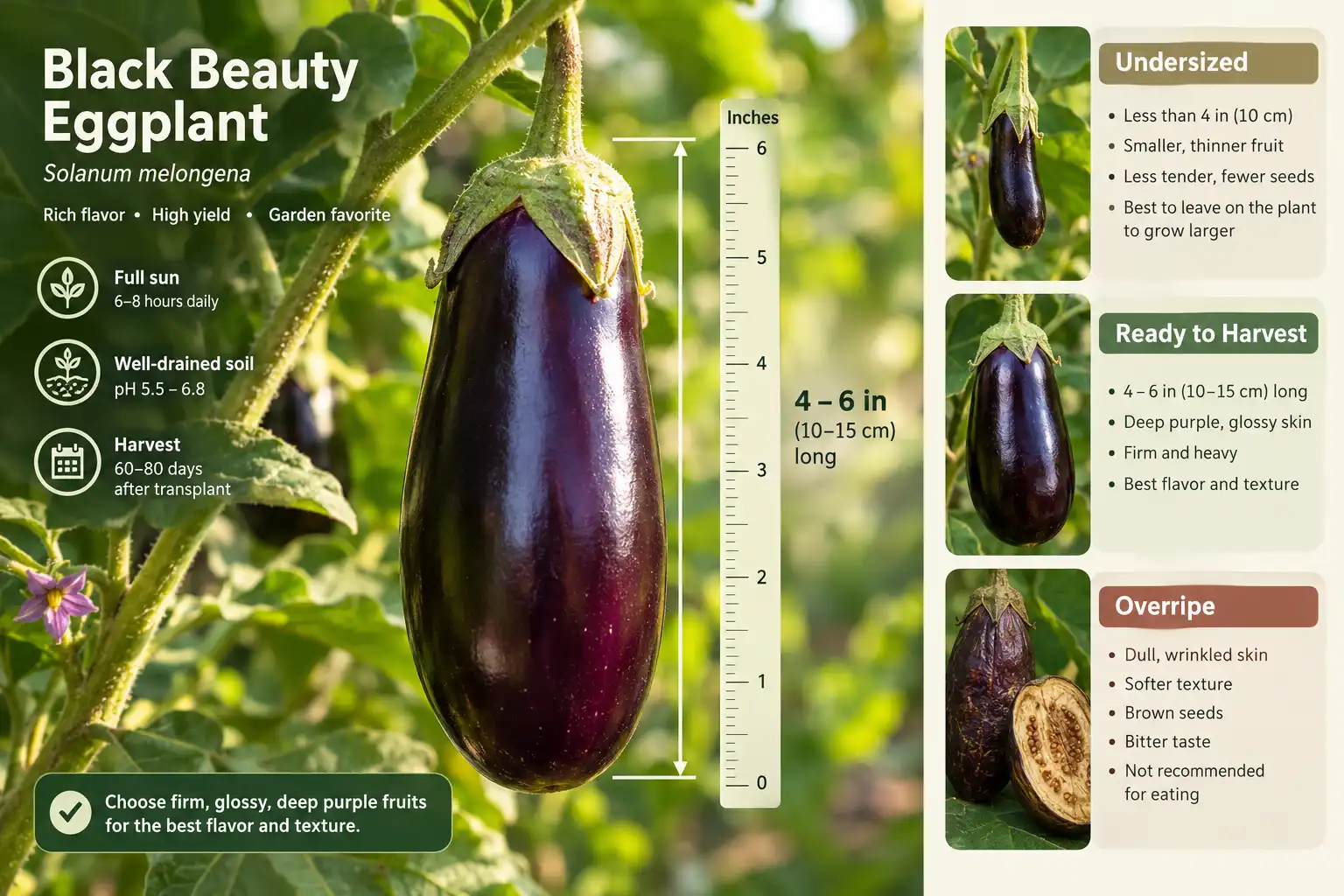Black Beauty eggplant is ready to harvest at 4 to 6 inches long while the skin is still glossy, roughly 74 to 83 days after transplanting.