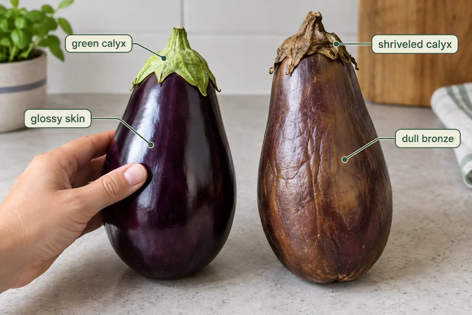 A glossy firm eggplant with a green calyx holds small soft seeds while the dull bronze fruit beside it holds hard bitter brown seeds