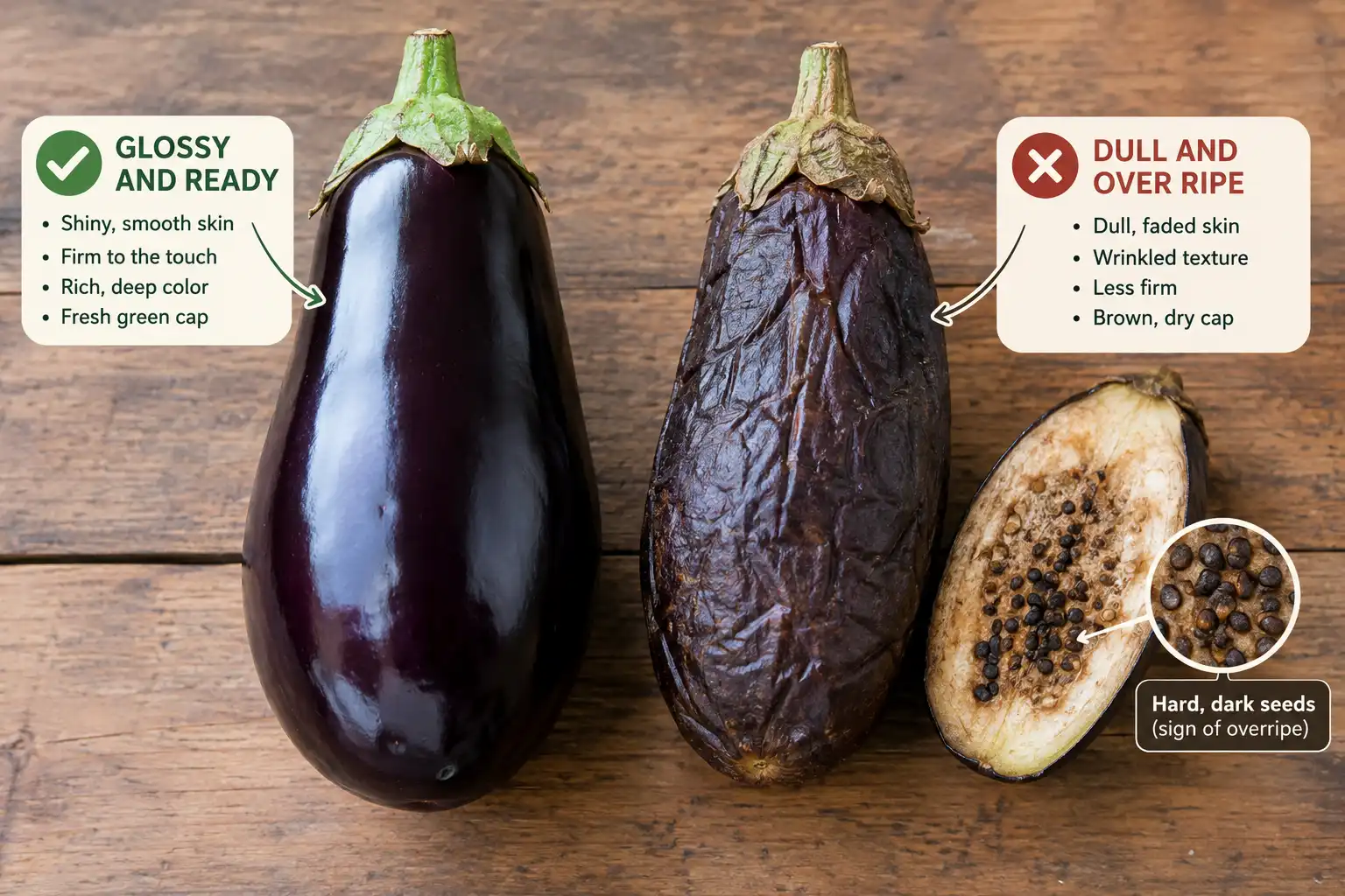 Pick potted eggplant while the skin is glossy and springs back under thumb pressure, because dull skin means seedy bitter flesh.