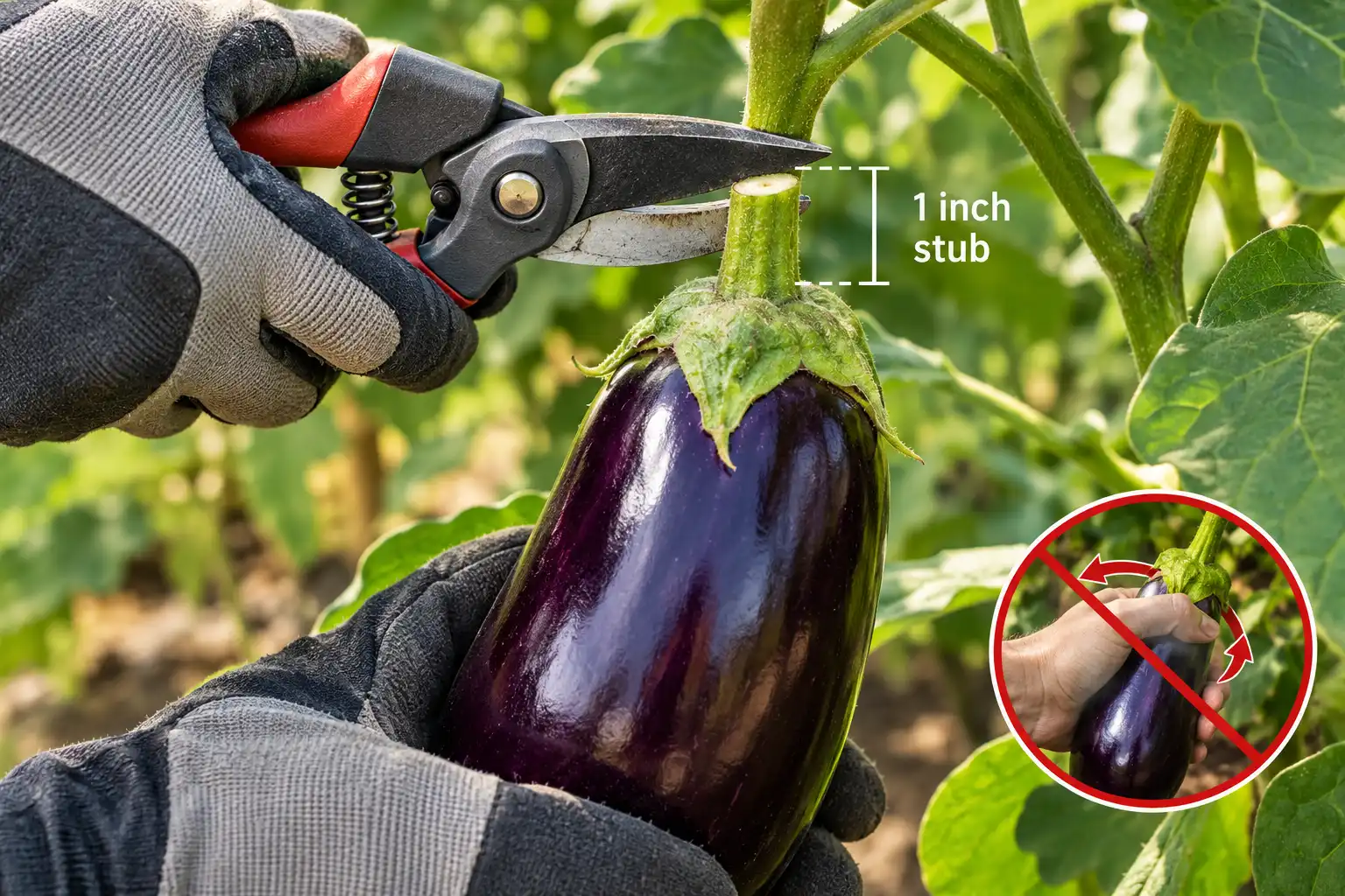 Cut eggplant free with pruners and leave about one inch of stem above the calyx instead of pulling or twisting the fruit off.