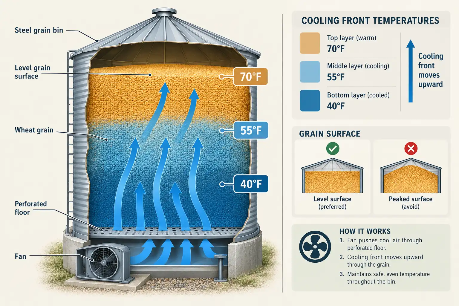 Cooling stored wheat in ten to fifteen degree steps down to forty degrees is what stretches bin storage life past a single year.