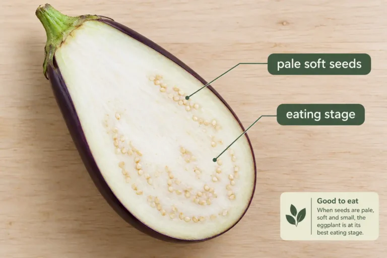Eggplant does have seeds, shown as small pale soft seeds spread through the white flesh of a fruit halved at eating stage