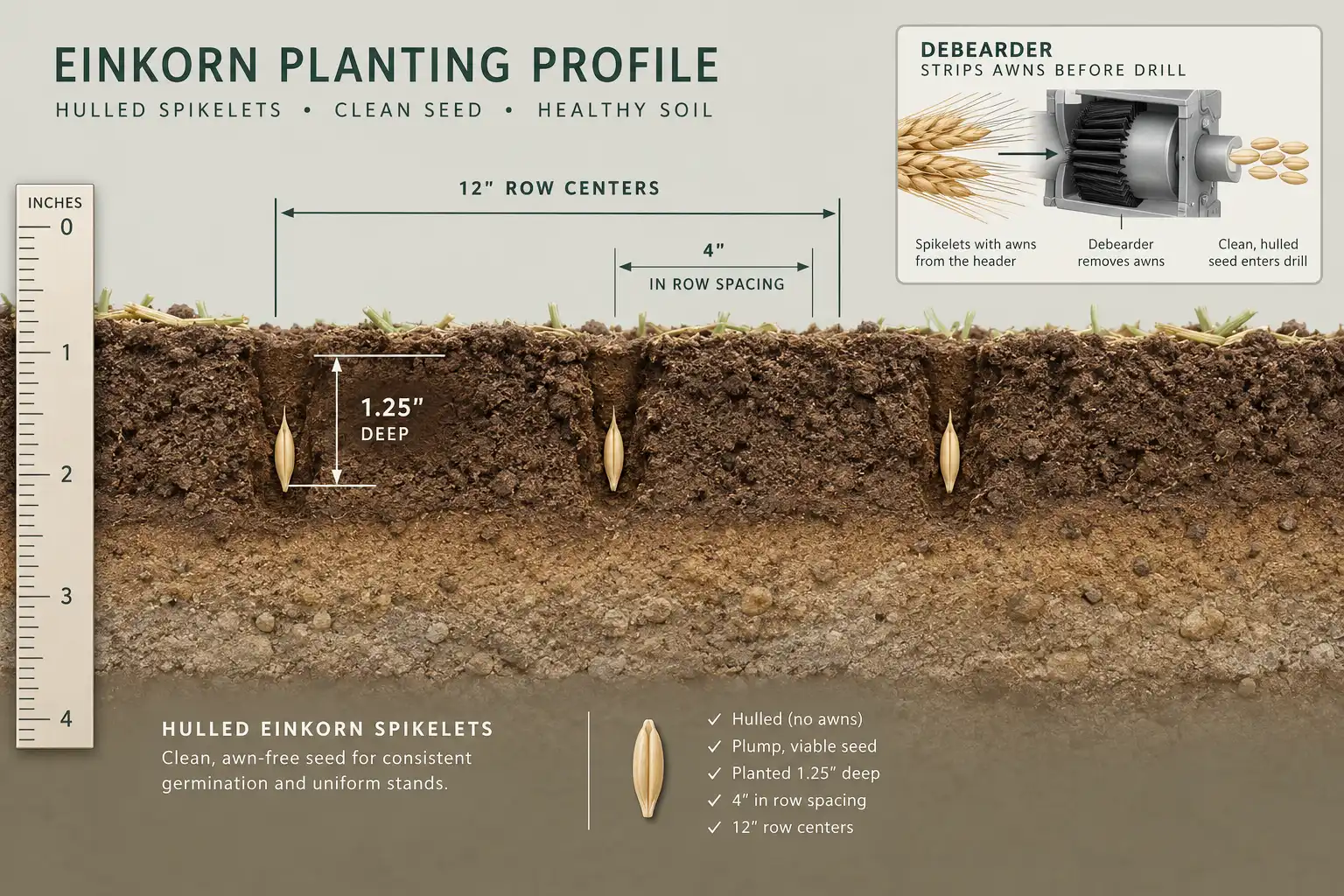 Einkorn goes in 1 to 1.5 inches deep with awns removed first, spaced about 4 inches in the row on 12 inch centers so cultivation equipment can pass.