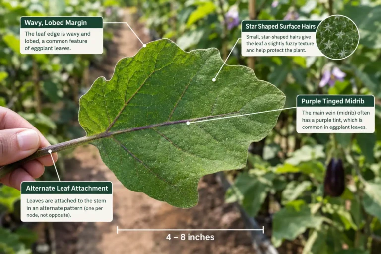 Eggplant leaves are large single blades with wavy lobed edges, gray green star shaped hairs, and a purple tinged midrib, shown labeled with a size scale.
