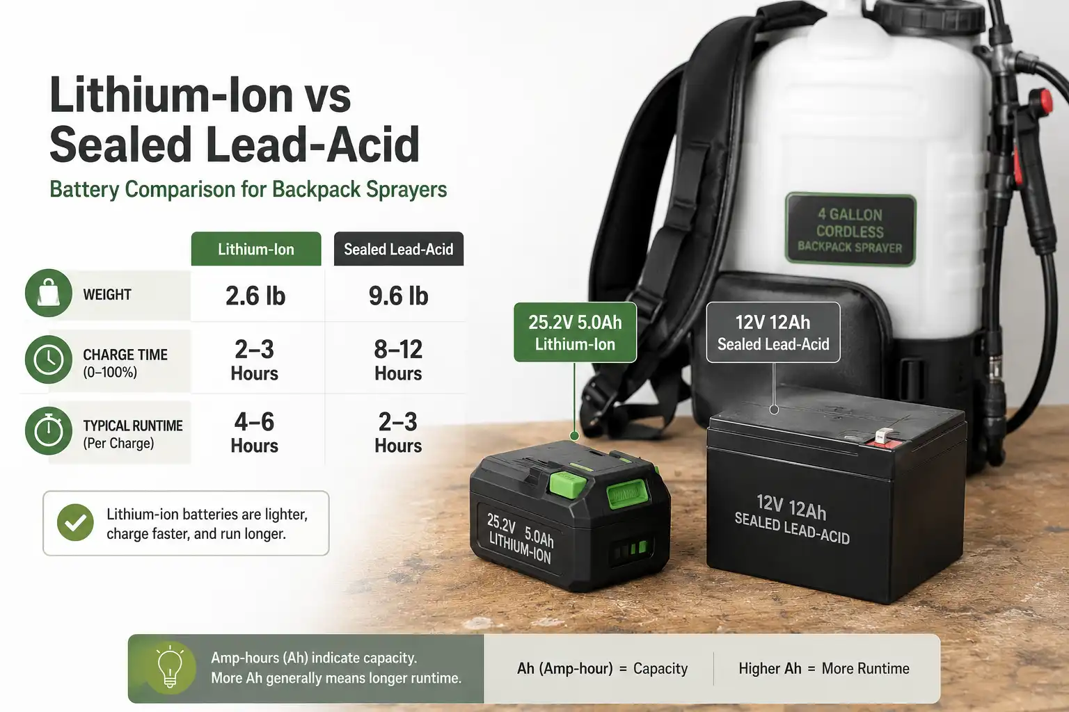 Lithium ion packs weigh less and charge faster, while sealed lead acid packs weigh more but trade that weight for longer runtime at moderate pressure.
