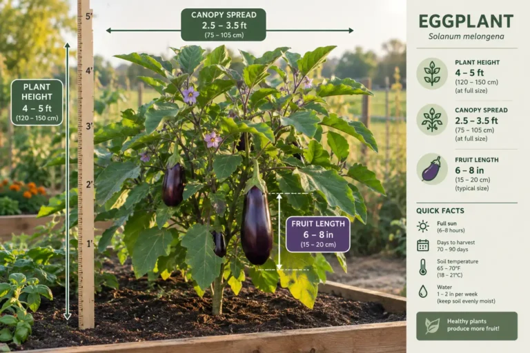 Eggplant grows two to four feet tall and two to three feet wide, with fruit running two to ten inches long depending on type.