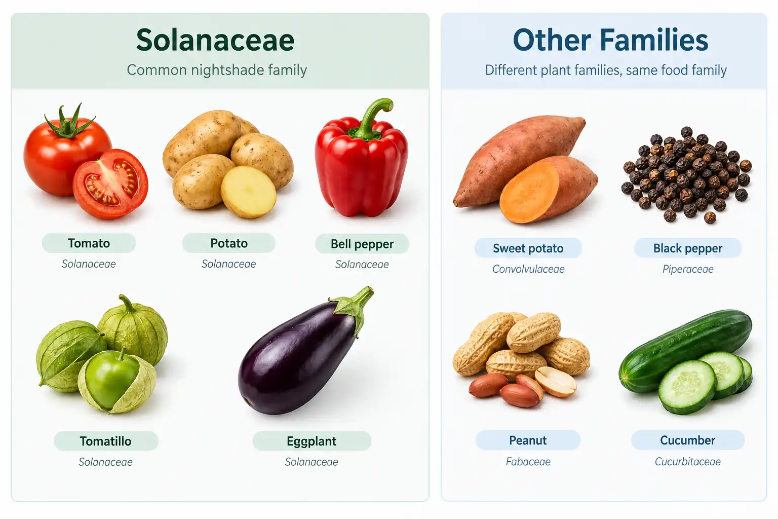 Eggplant, tomato, potato, pepper, and tomatillo are nightshades, while sweet potato, black pepper, peanut, and cucumber belong to other plant families.