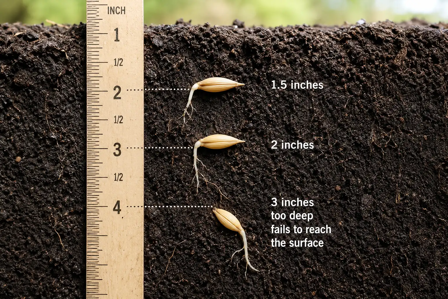 Oats emerge fastest from 1.5 to 2 inches deep, while seed placed near 3 inches often fails to reach the surface