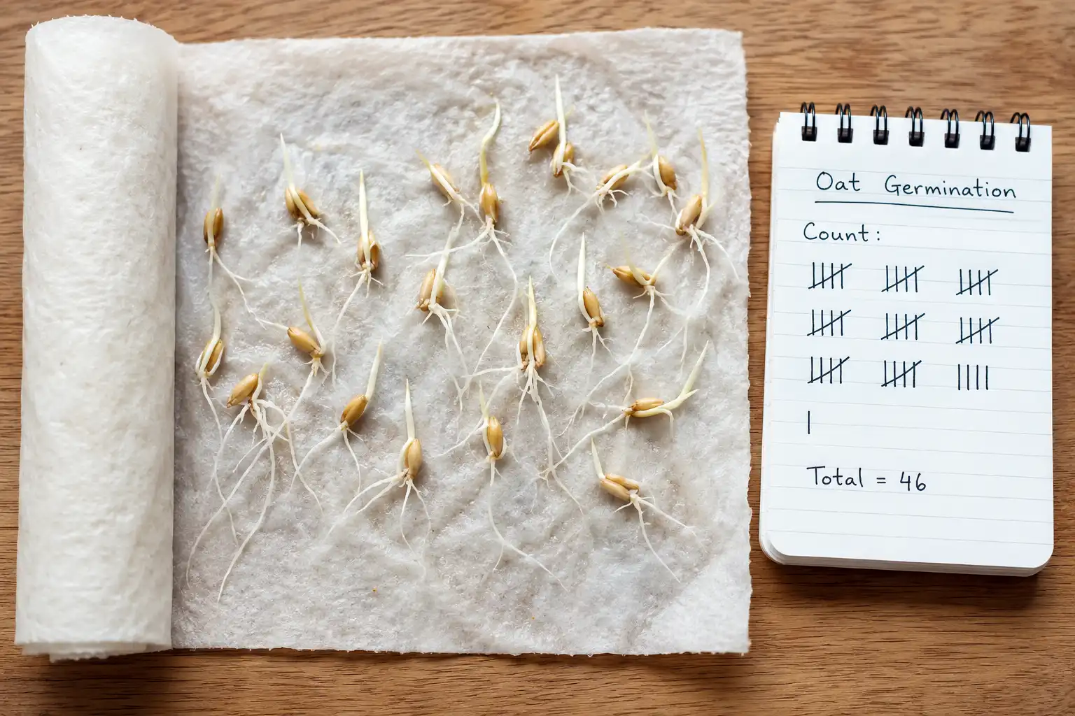 A 100 seed rag doll test shows oat germination percentage after seven days, counting only sprouts with both a root and a shoot