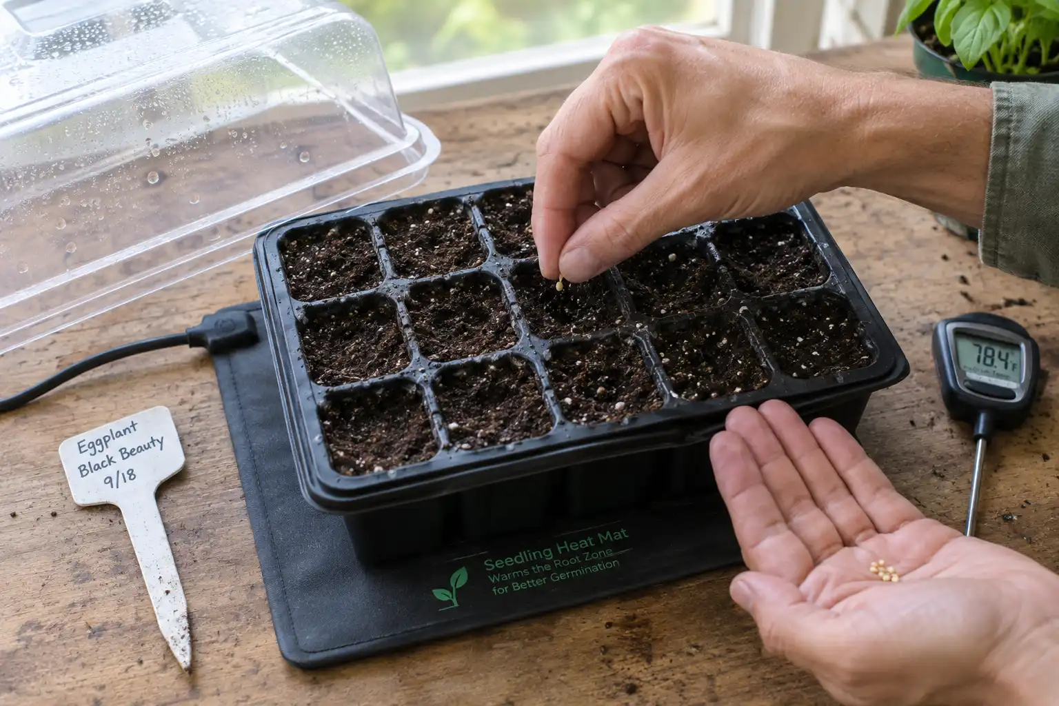 One eggplant seed goes into each cell of pre moistened soilless mix, then the tray is covered with a dome and set on a heat mat.