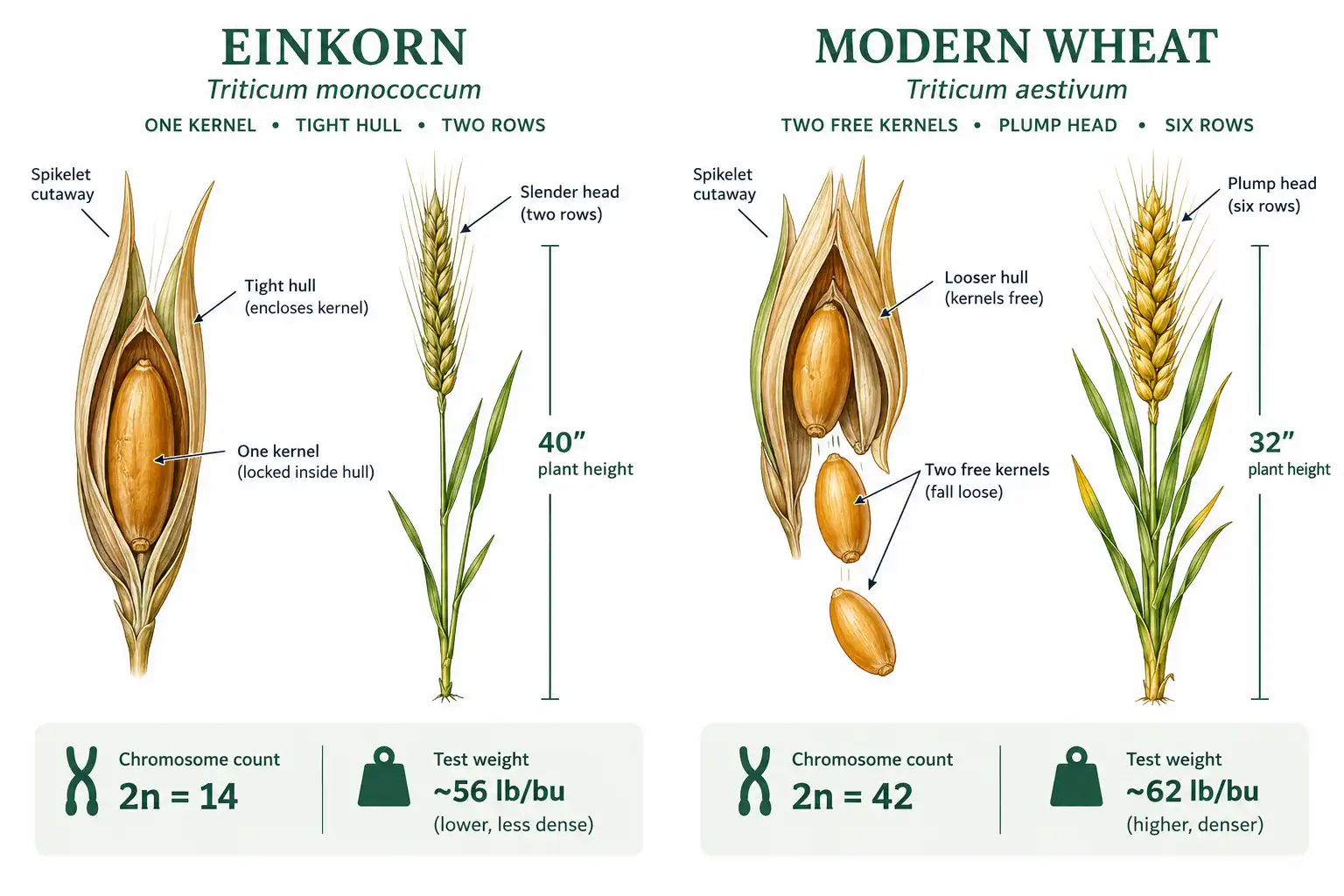 Einkorn holds a single kernel inside a tight hull that combining cannot remove, while modern wheat threshes two or three loose kernels from each spikelet.