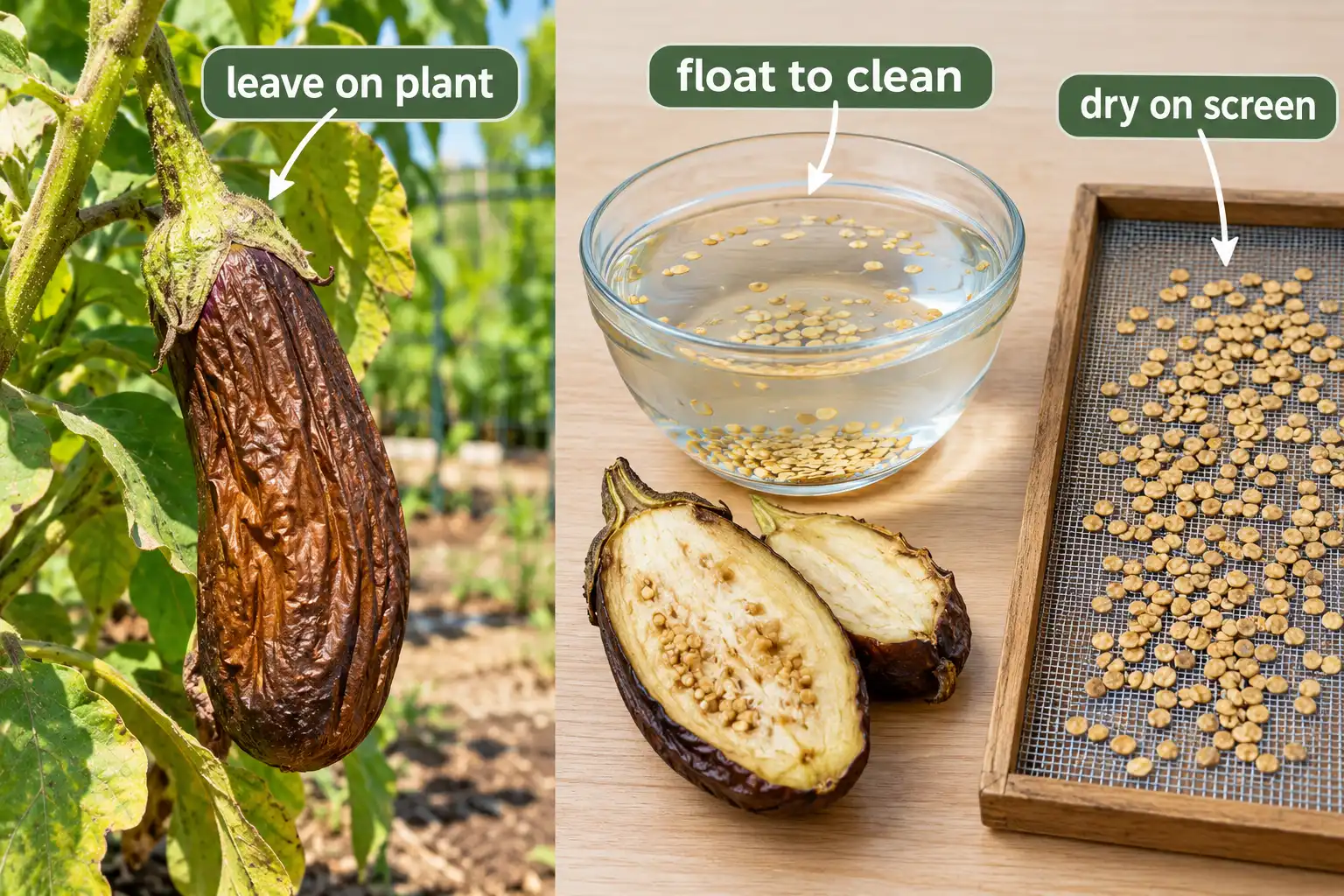 Eggplant seed saving needs fruit left on the plant until it turns dull bronze, then cleaned by flotation and dried on a screen