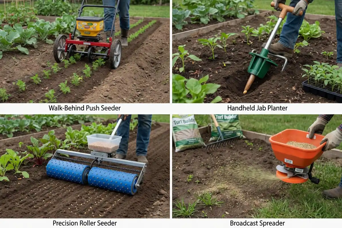 Plate and roller seeders place seed in a row, a jab planter sets one seed per stab, and a broadcast spreader scatters seed across a wide pattern.
