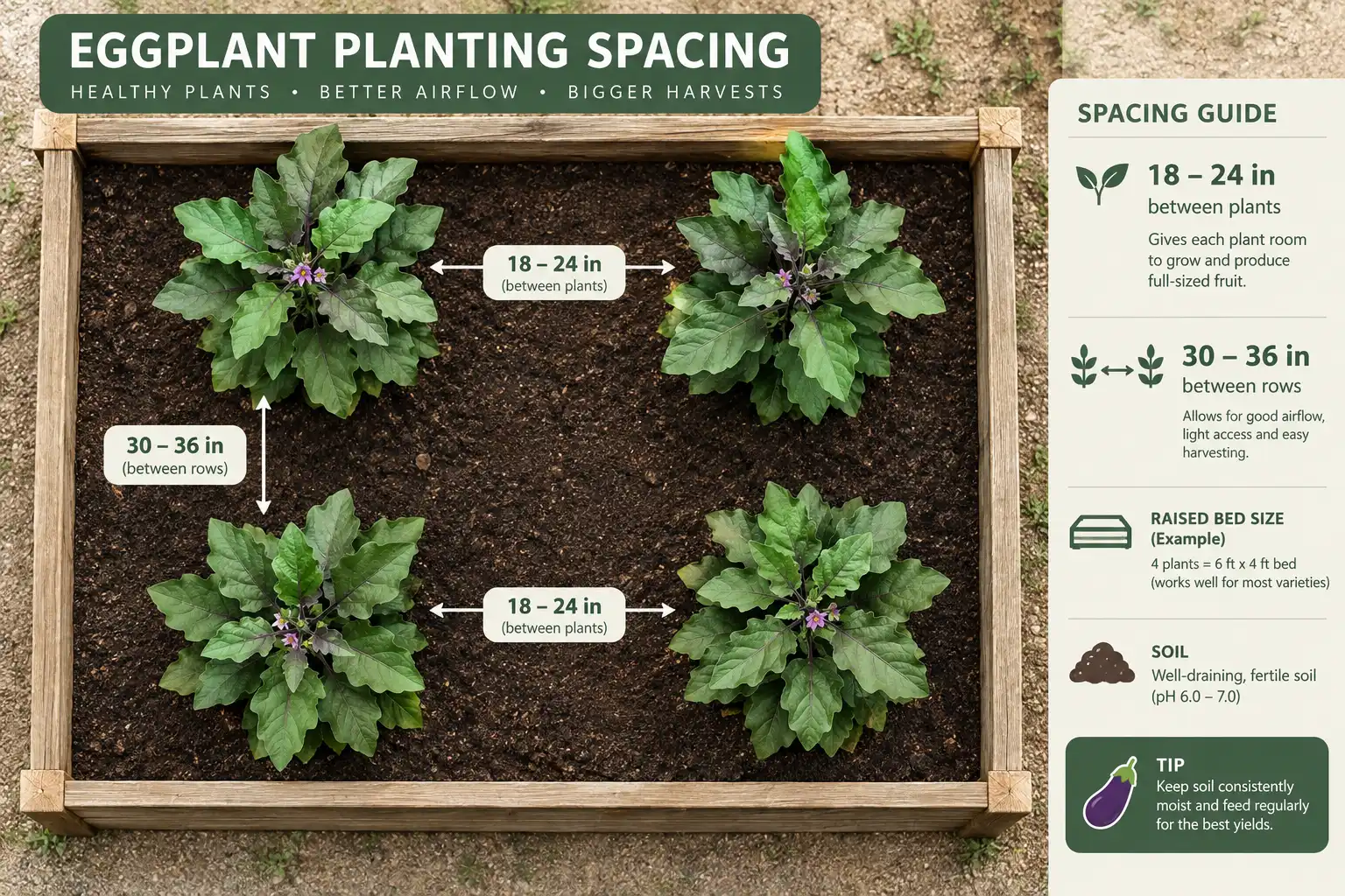 One eggplant plant needs eighteen to twenty four inches in the row and thirty to thirty six inches between rows at full size.