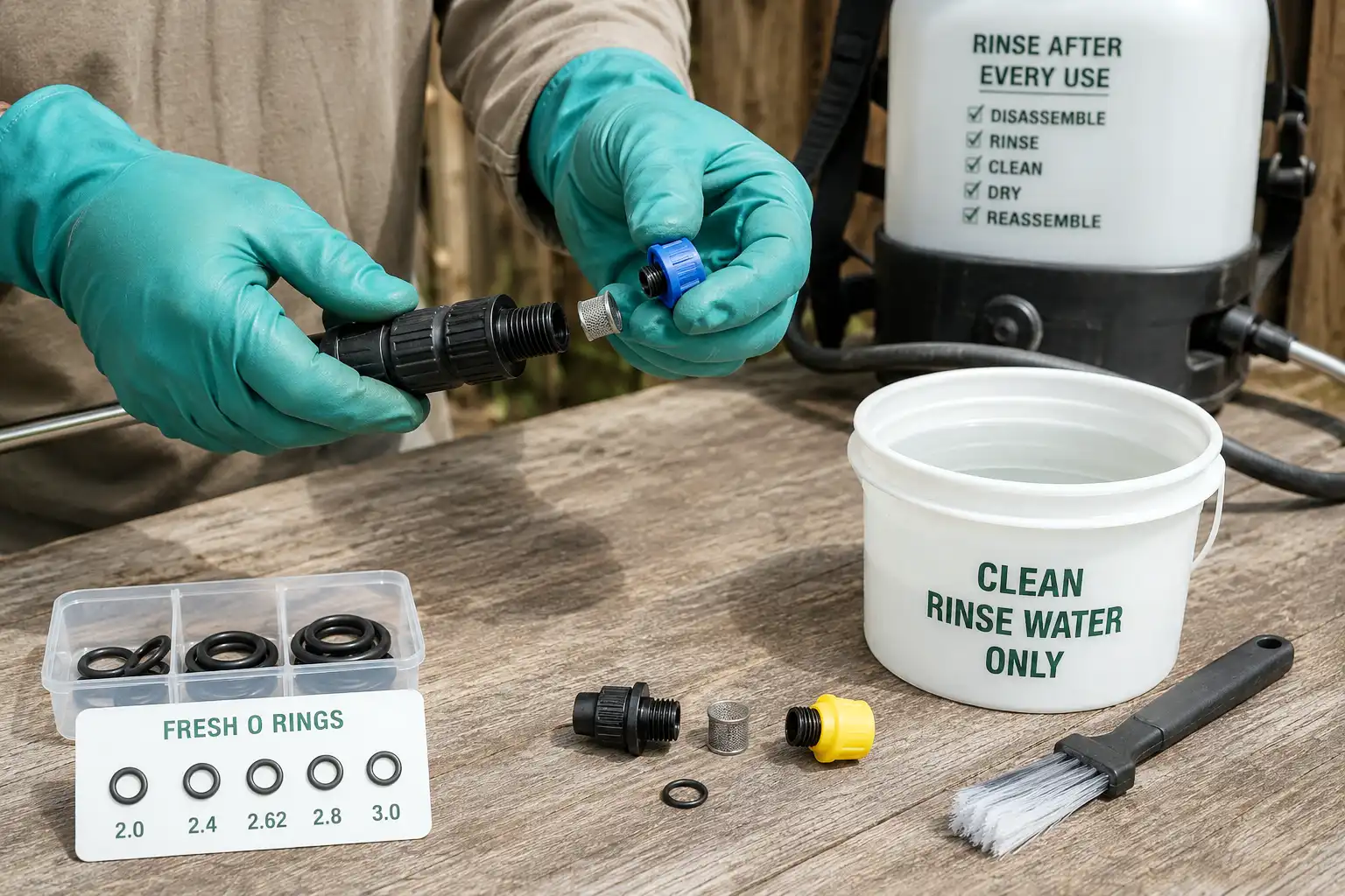 Cleaning a battery backpack sprayer means removing the nozzle and screens, then flushing the system with clean water and inspecting O rings before they start to leak