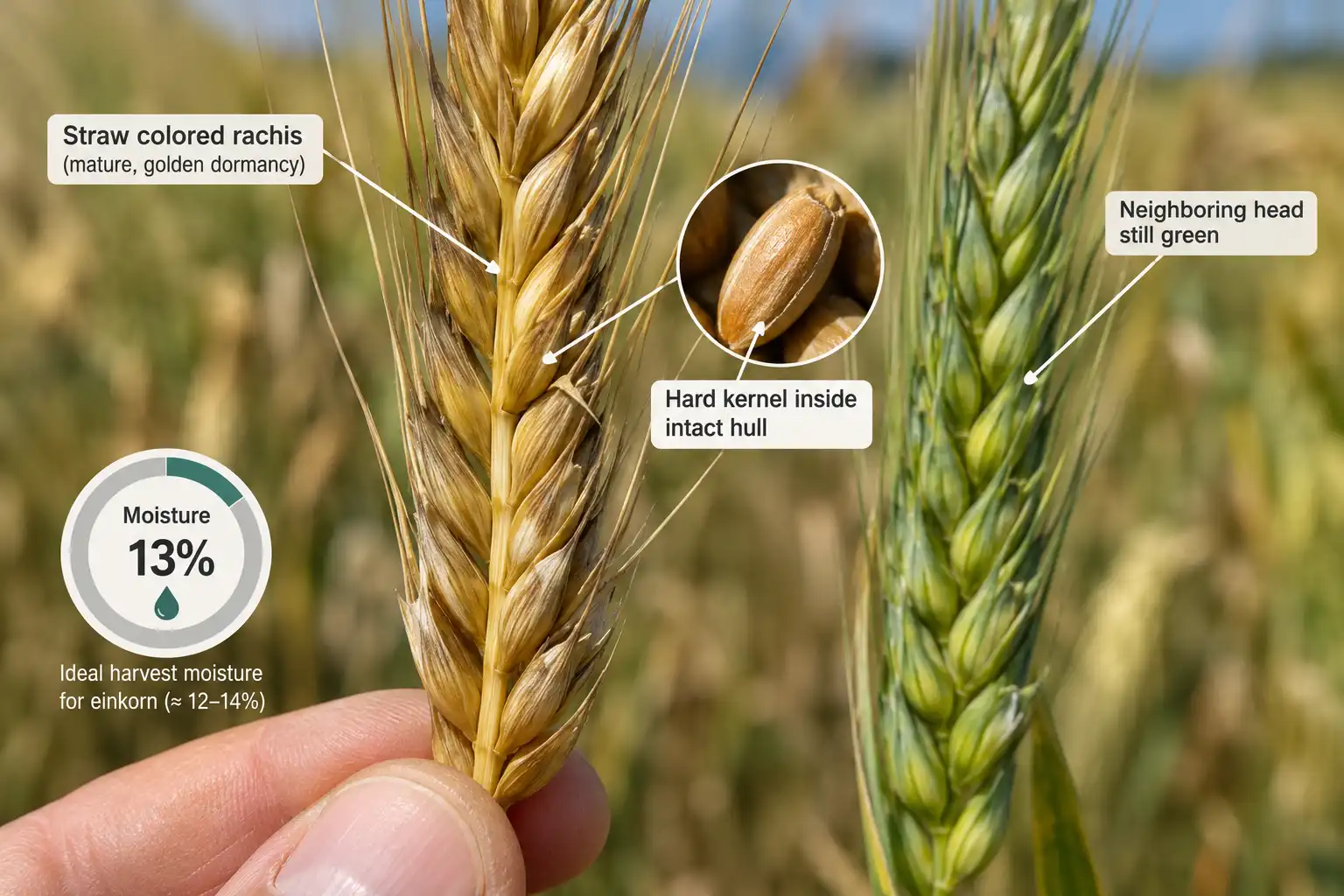 Einkorn is ready when heads go straw colored and kernels are hard at 13 to 14 percent moisture, though neighboring heads often ripen at different times.