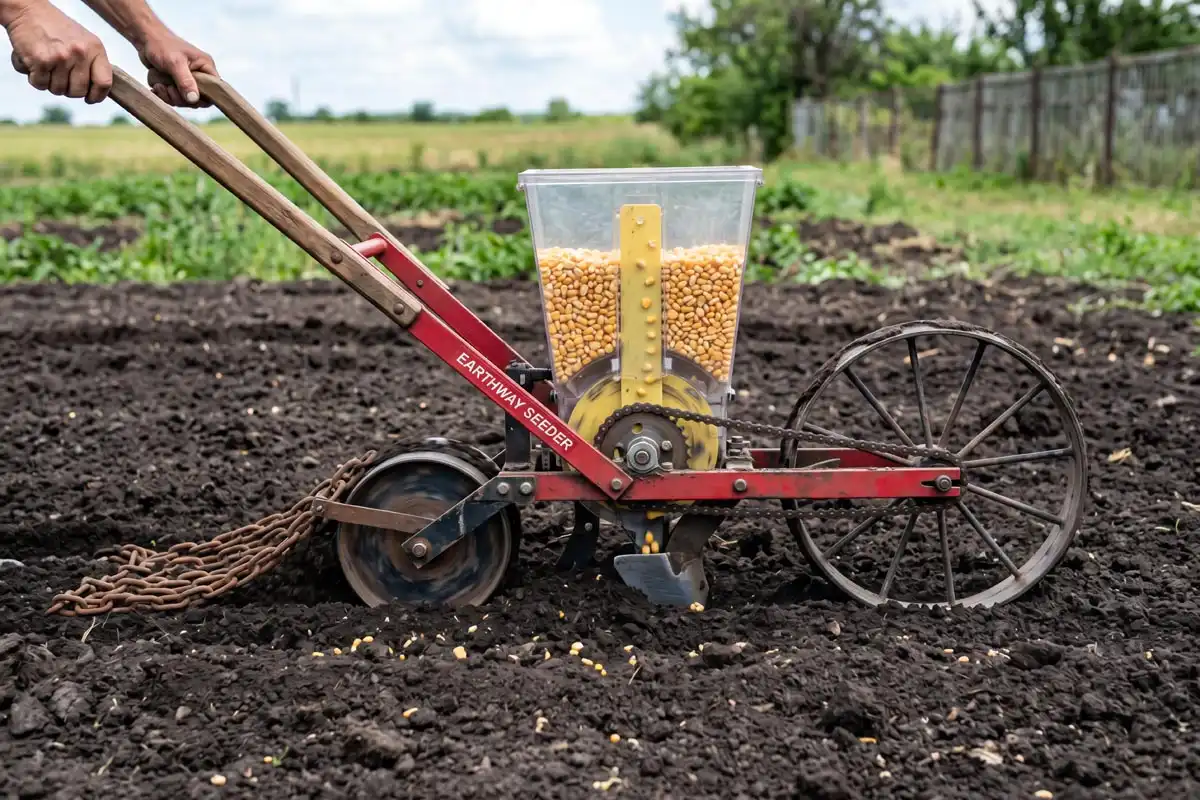 The plate meters seed by carrying one seed per notch to a drop point, then the drag chain covers the furrow and the rear wheel packs it.
