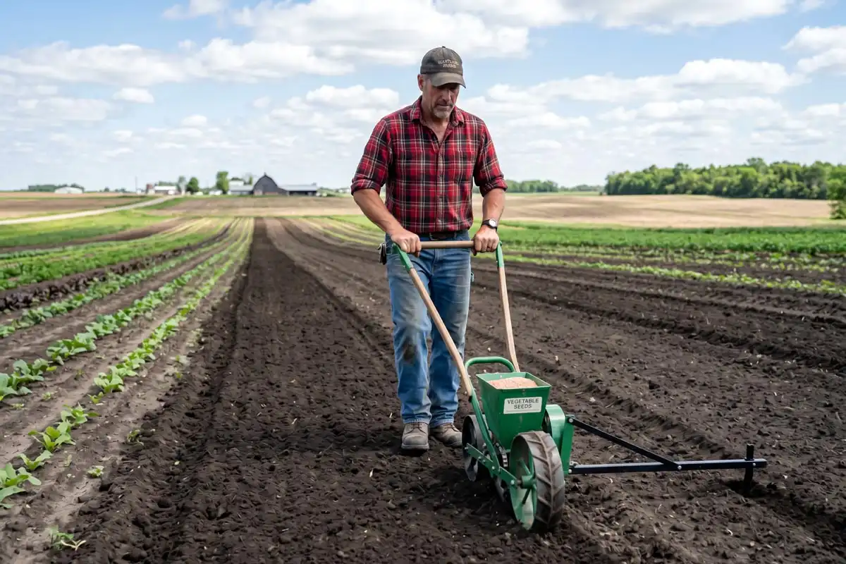 A push seeder runs at a steady walking pace along a staked string line over a firm raked bed, which is what keeps depth and spacing even.