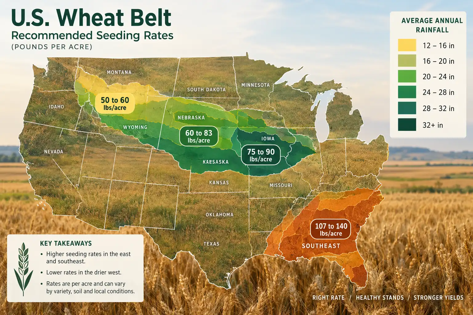 Wheat seeding rates climb with rainfall, from 50 to 60 pounds per acre in western dryland zones up to 140 pounds in the Southeast