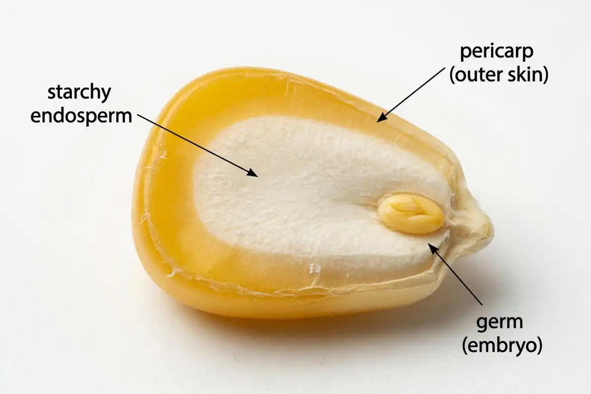 A corn kernel is one seed made of a pericarp skin, a starchy endosperm holding most of the weight, and the germ embryo.