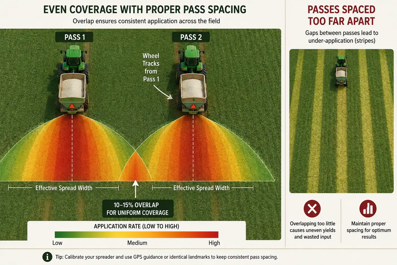 Passes should be spaced so the edge of each throw lands on the previous pass wheel tracks, about 50 percent overlap, because wider spacing leaves light seams that appear later as stripes.
