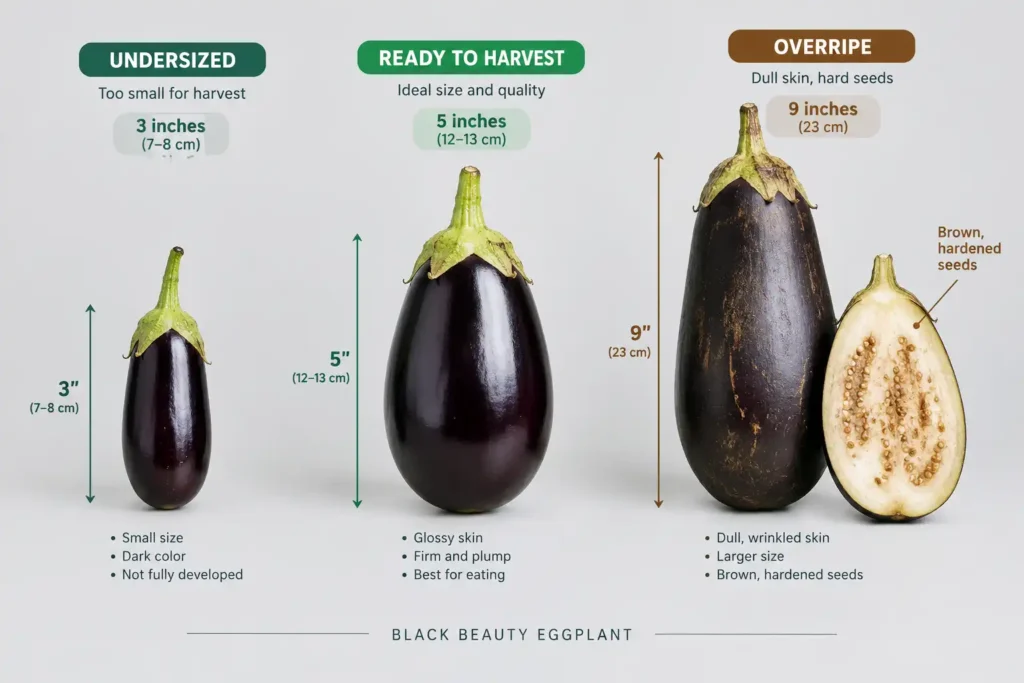 A Black Beauty eggplant picked at 5 inches has glossy skin and pale seeds, while a 9 inch fruit turns dull with hardened brown seeds.