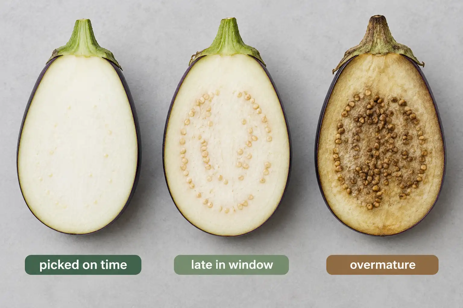 Eggplant seeds shift from cream and soft to tan and then hard and brown as the fruit passes its harvest window