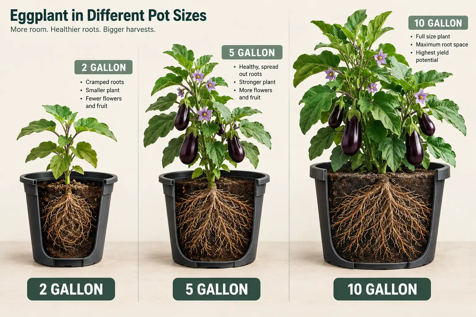 A five gallon pot gives one eggplant enough root room to fruit well, while a two gallon pot restricts roots and dries out twice as fast.