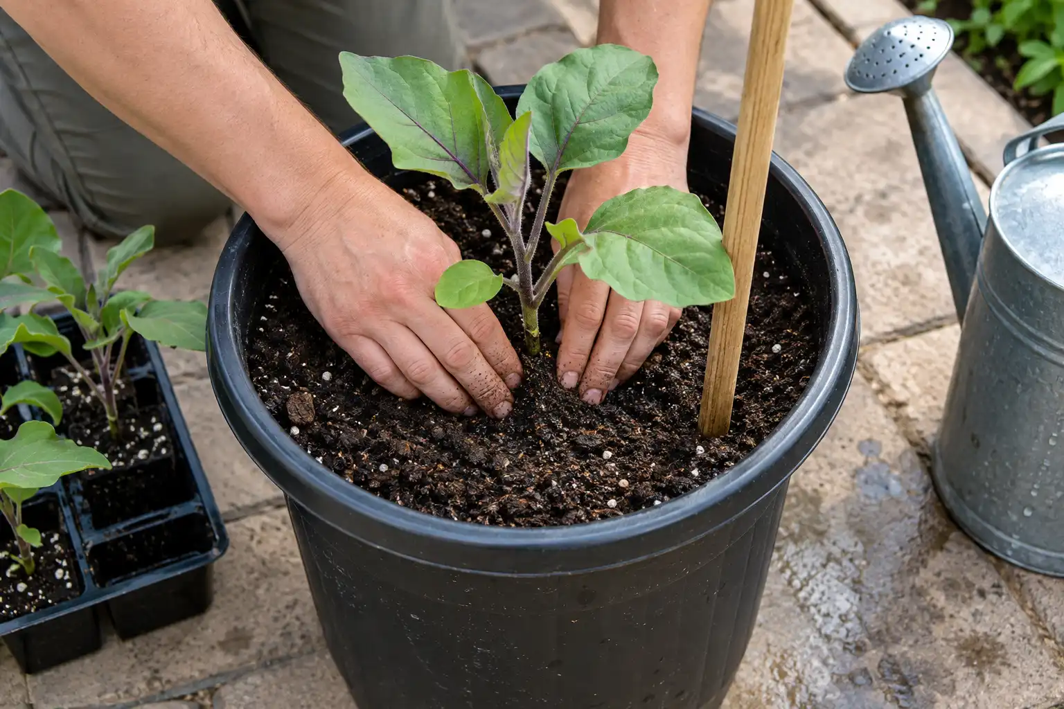 Set the eggplant seedling at the same depth it grew in its cell, firm the mix, water until it drains, and place the stake at planting so roots stay undamaged.