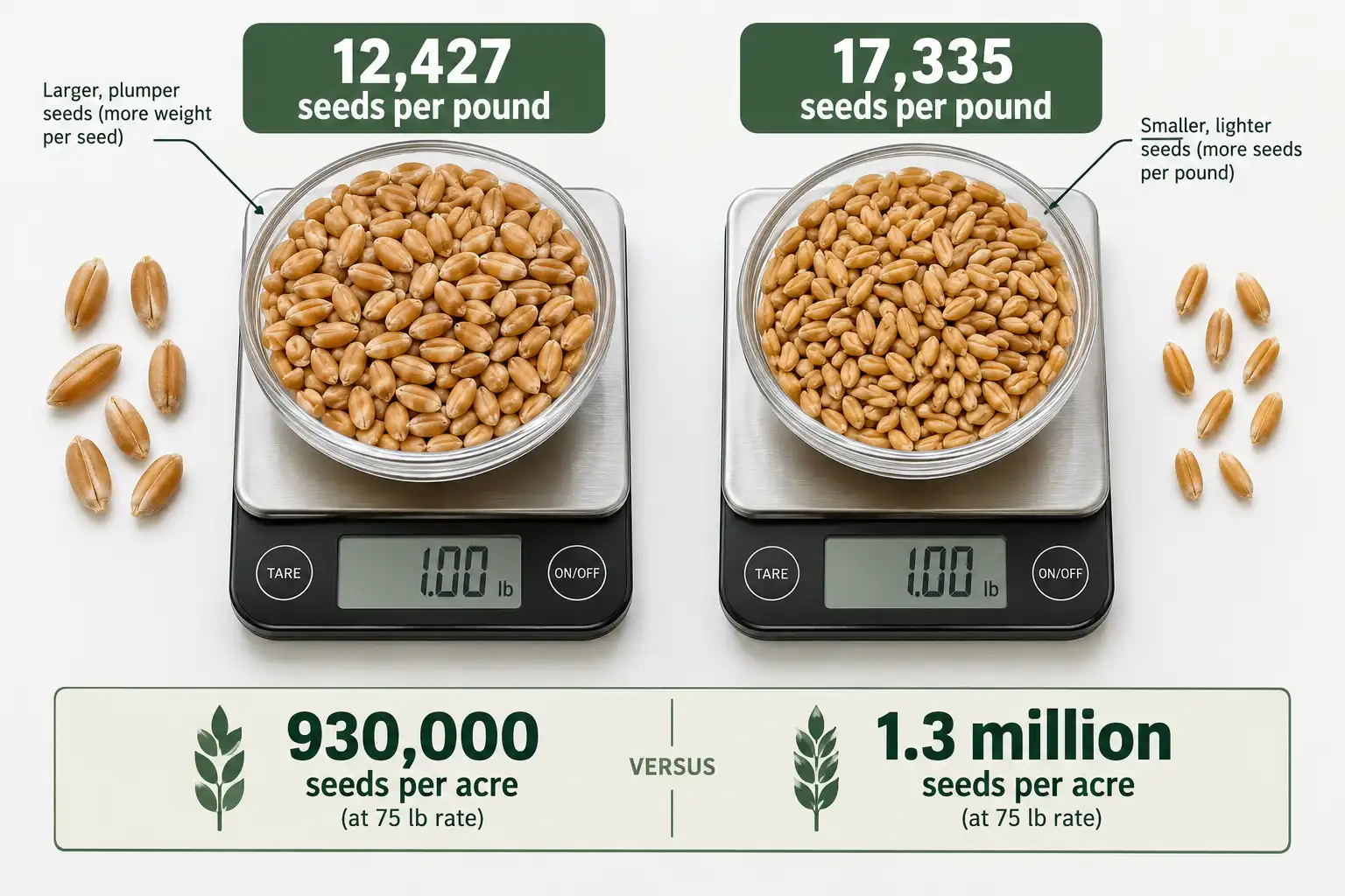 Kernel size changes seed count, so a fixed 75 pound rate plants 930,000 seeds from a large kernel lot and 1.3 million from a small kernel lot