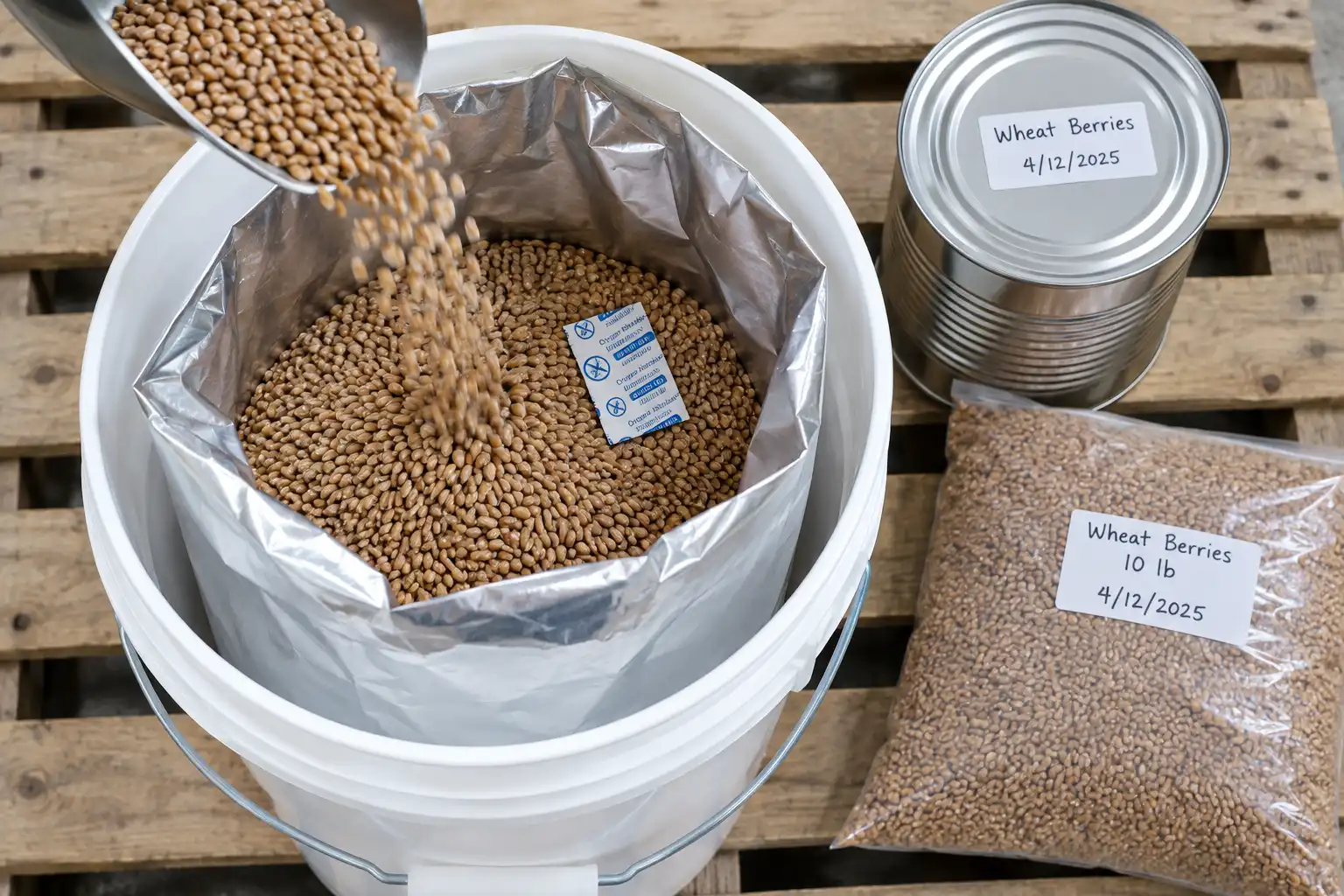 Dry wheat berries sealed in a foil bag with an oxygen absorber, dated and stacked off the floor, is the packaging that reaches twenty five years or more.