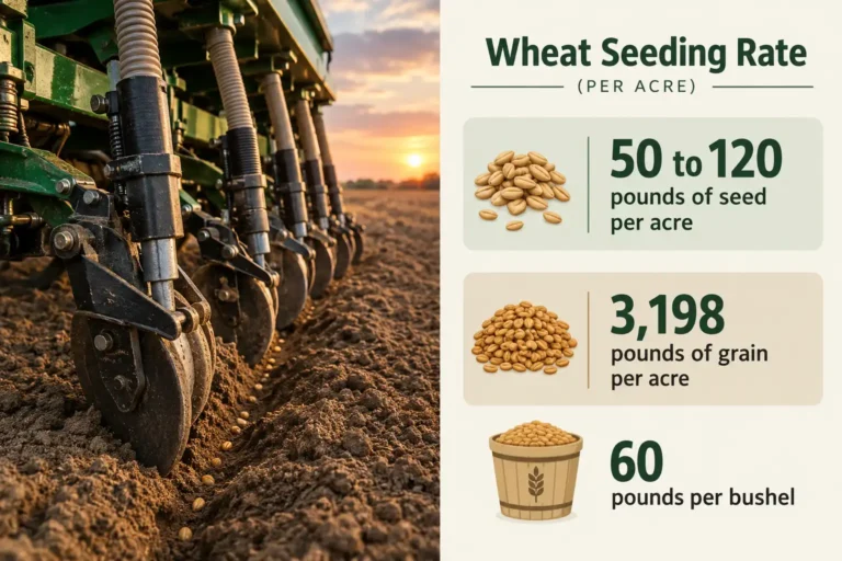 An acre takes 50 to 120 pounds of wheat seed and returns about 3,198 pounds of grain, shown as labeled seed and harvest bars beside a working grain drill