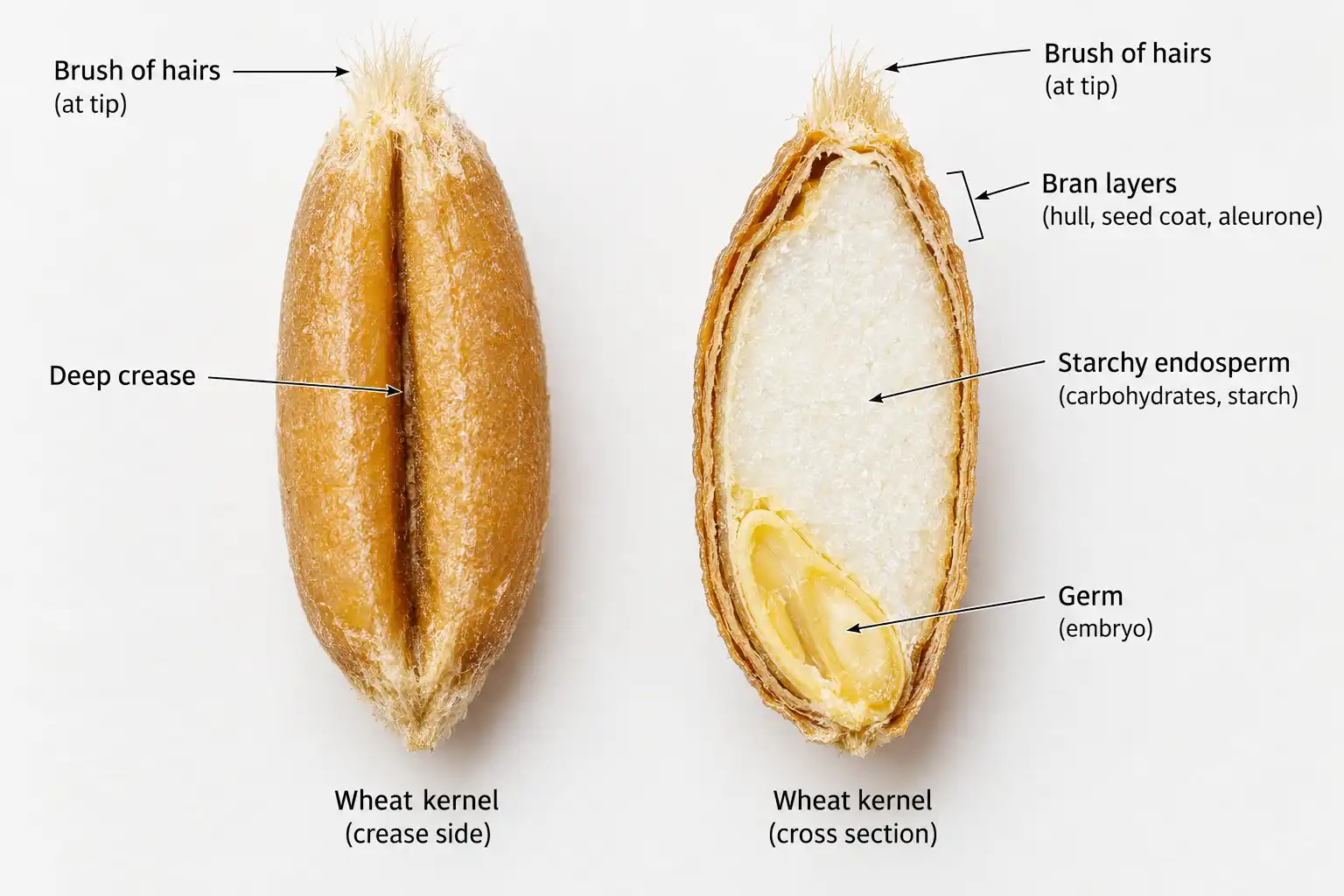 A wheat kernel is a small oval grain with a deep crease on one side, a brush of fine hairs at the tip, and a germ, bran, and endosperm inside.