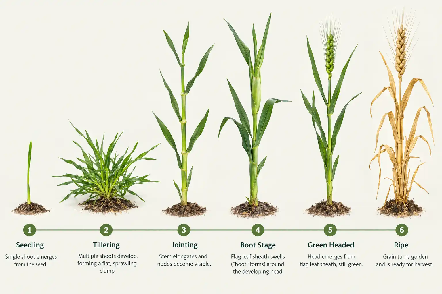 A wheat plant starts as a single shoot, spreads into a flat tillering clump, stands up at jointing, swells at boot, heads out, then turns golden at ripening.