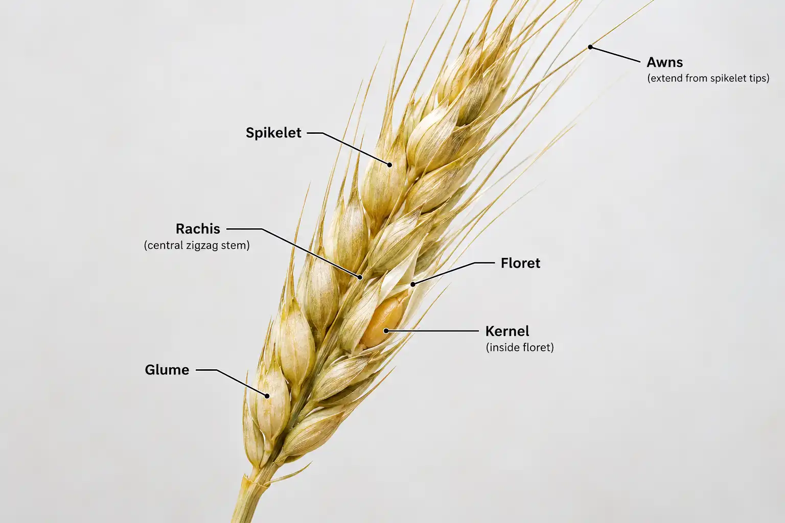 A wheat head is a tight spike with spikelets set in two rows along a zigzag rachis, each spikelet wrapped in glumes and often tipped with awns.