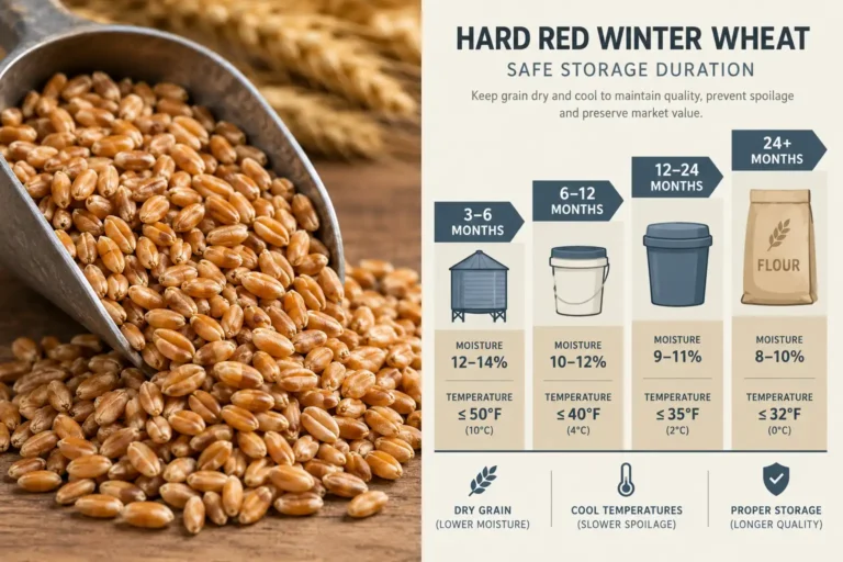 Wheat holds about six months at fourteen percent moisture, past a year at thirteen percent and forty degrees, and up to thirty years sealed and cool.