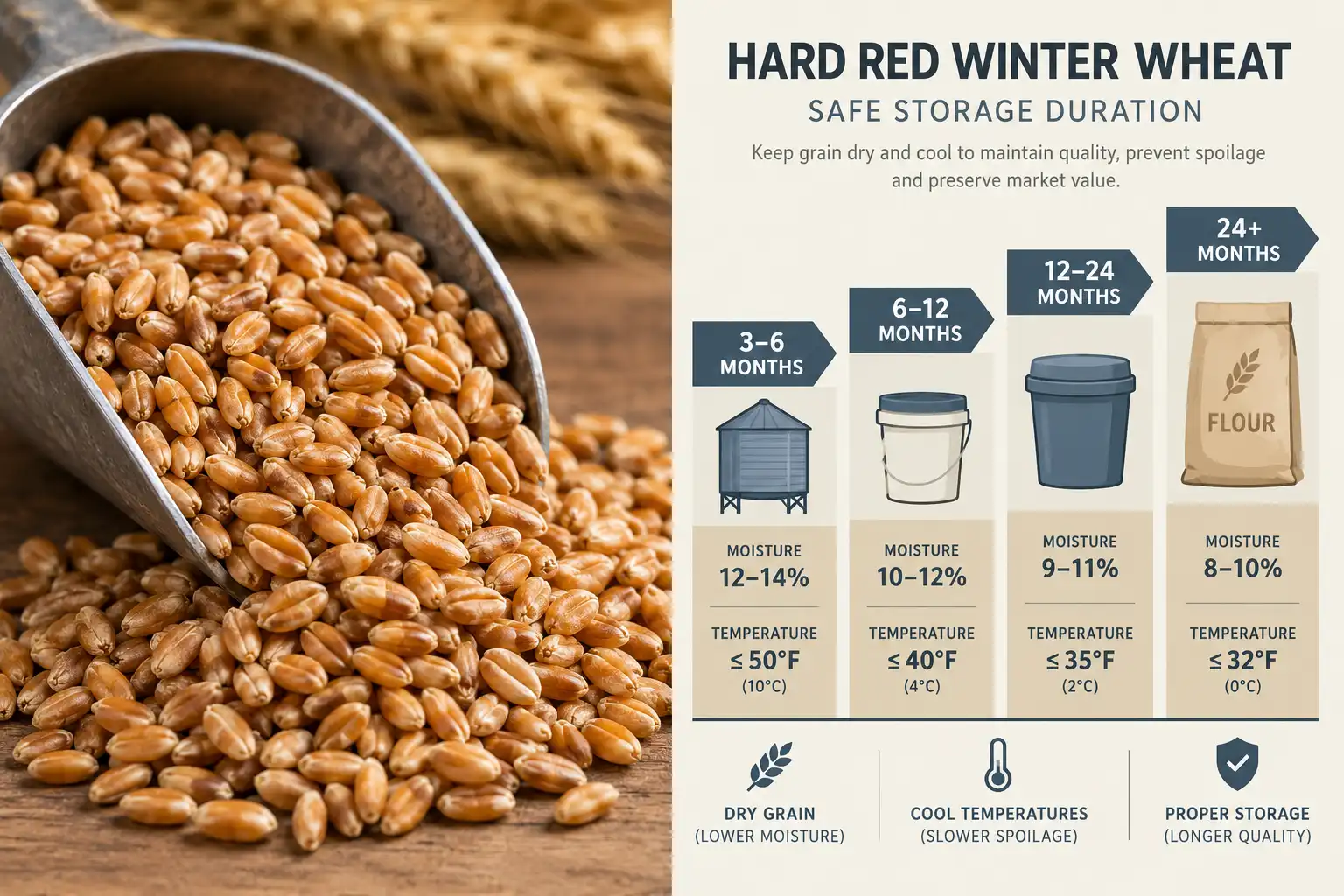 Wheat holds about six months at fourteen percent moisture, past a year at thirteen percent and forty degrees, and up to thirty years sealed and cool.