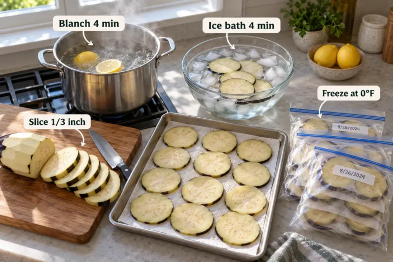 Eggplant freezes well after peeling, slicing 1/3 inch thick, blanching 4 minutes in lemon water, chilling in ice water, and freezing at 0°F.