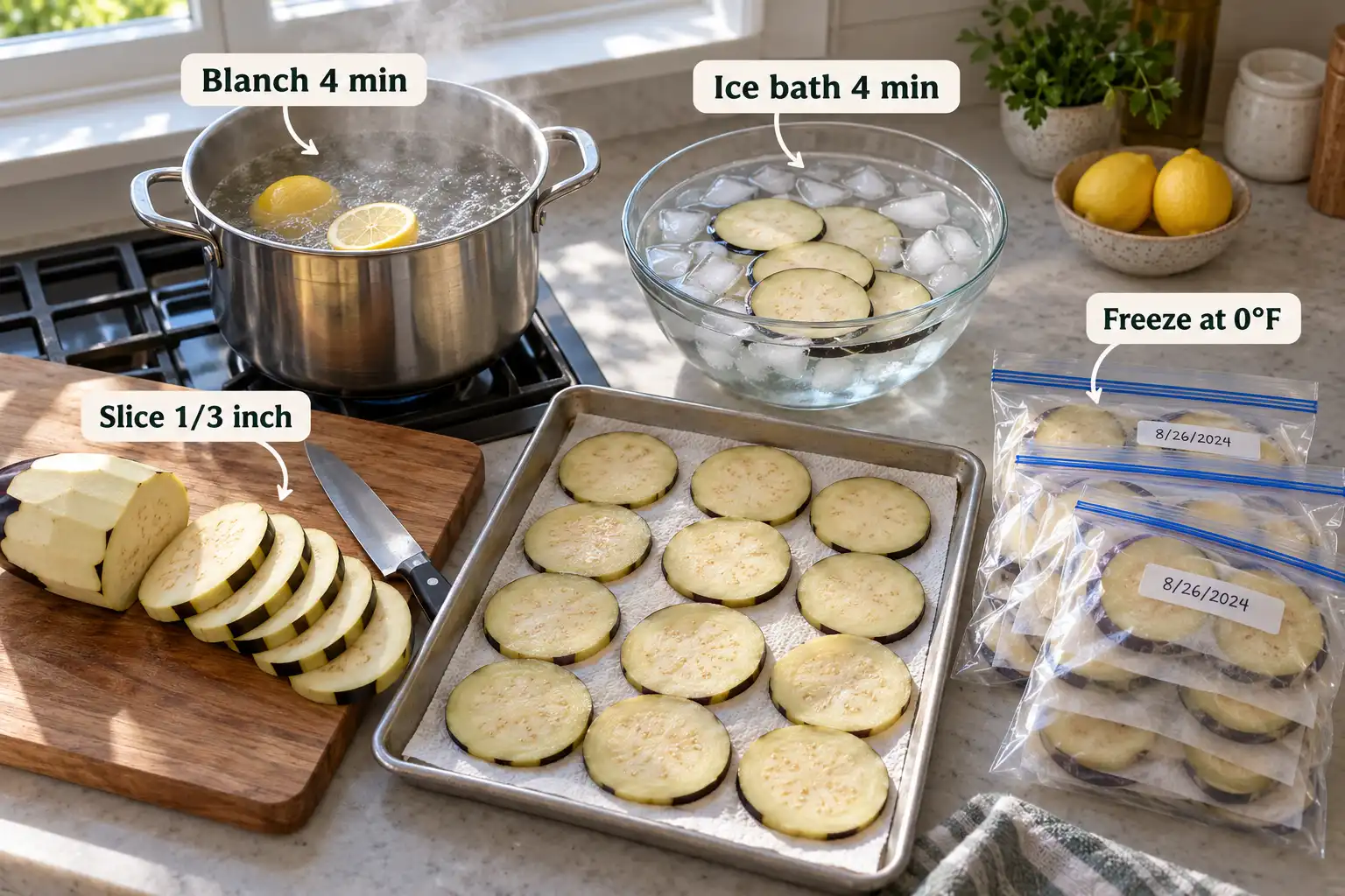 Eggplant freezes well after peeling, slicing 1/3 inch thick, blanching 4 minutes in lemon water, chilling in ice water, and freezing at 0°F.