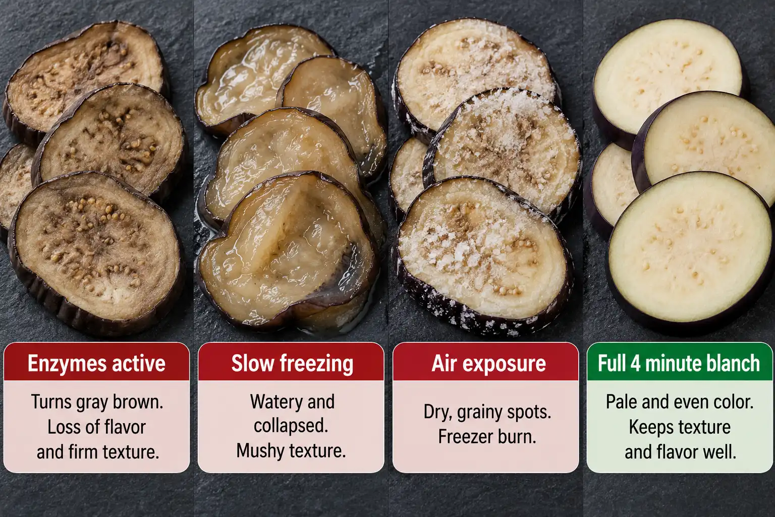 Frozen eggplant turns brown from active enzymes, mushy from slow freezing, and dry from freezer burn, while a full blanch and airtight pack keep slices pale.