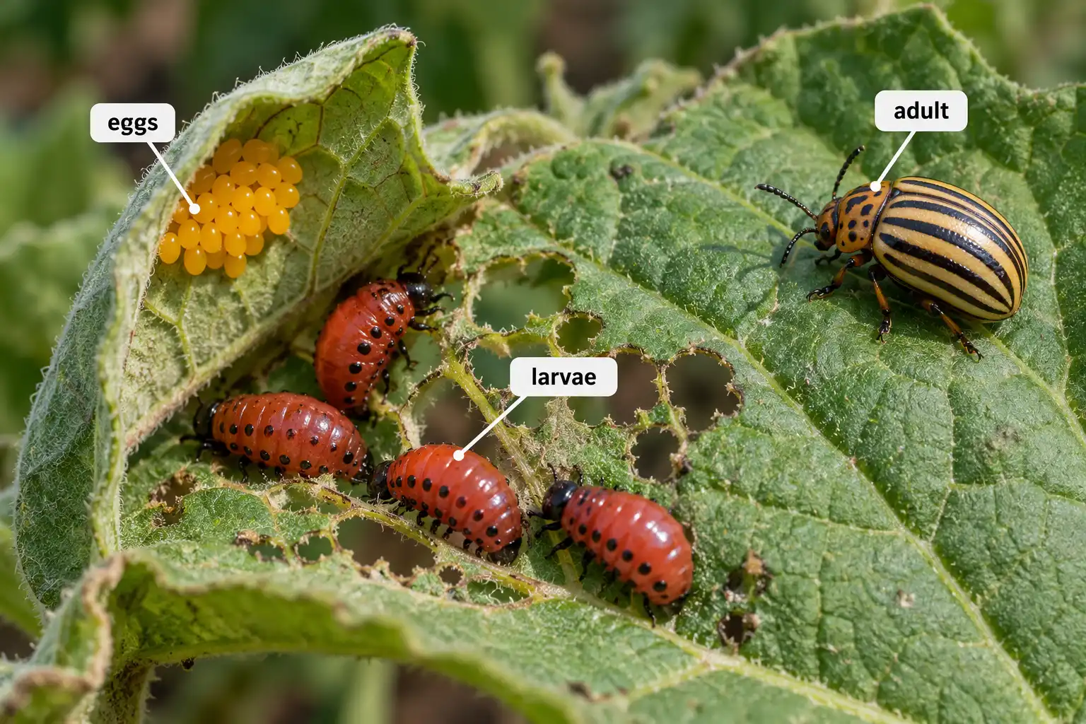 Colorado potato beetles lay orange egg clusters under eggplant leaves, and red larvae and striped adults strip the foliage.